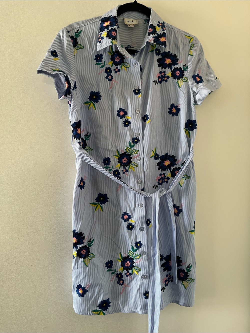 Eci Light Blue Floral Embroidered Pinstripe Shirt Button Up Mini Dress 4 Cottage